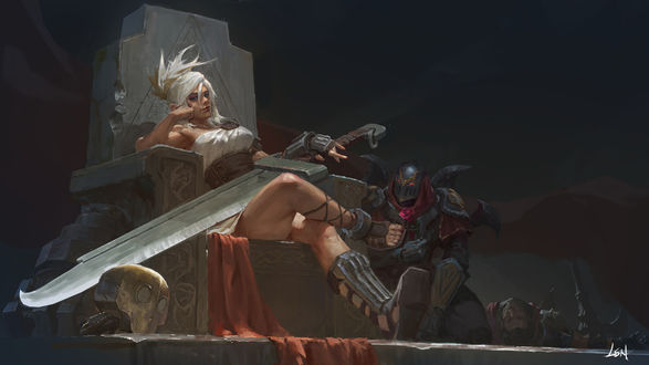 Обои на рабочий стол Riven / Ривэн и Zed / Зед из игры League of Legends / Лига Легенд, by Song Nan Li