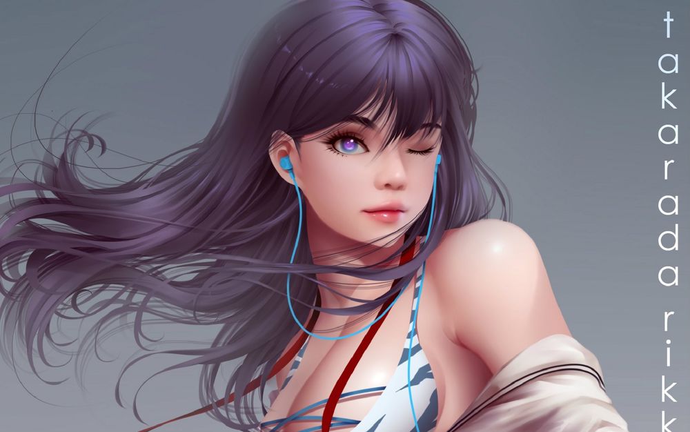 Обои для рабочего стола Rikka Takarada / Рикка Такарада из аниме SSSS. Gridman / Гридмен с длинными волосами в наушниках, by bear-witch