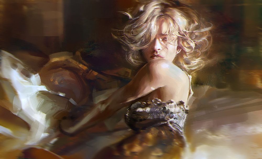 Обои для рабочего стола Белокурая девушка на постели, by Rongrong Wang