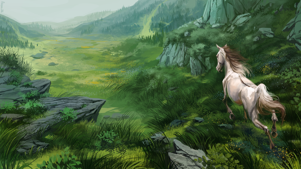 Обои для рабочего стола Белая лошадь скачет по зеленой траве, by Alaiaorax