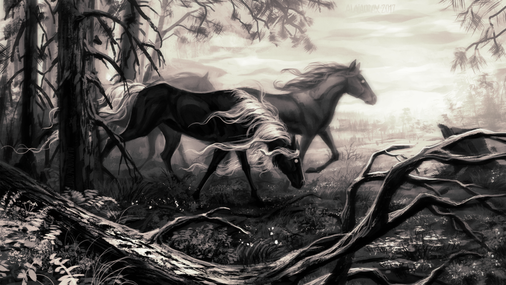 Обои для рабочего стола Две лошади в лесу, by Alaiaorax
