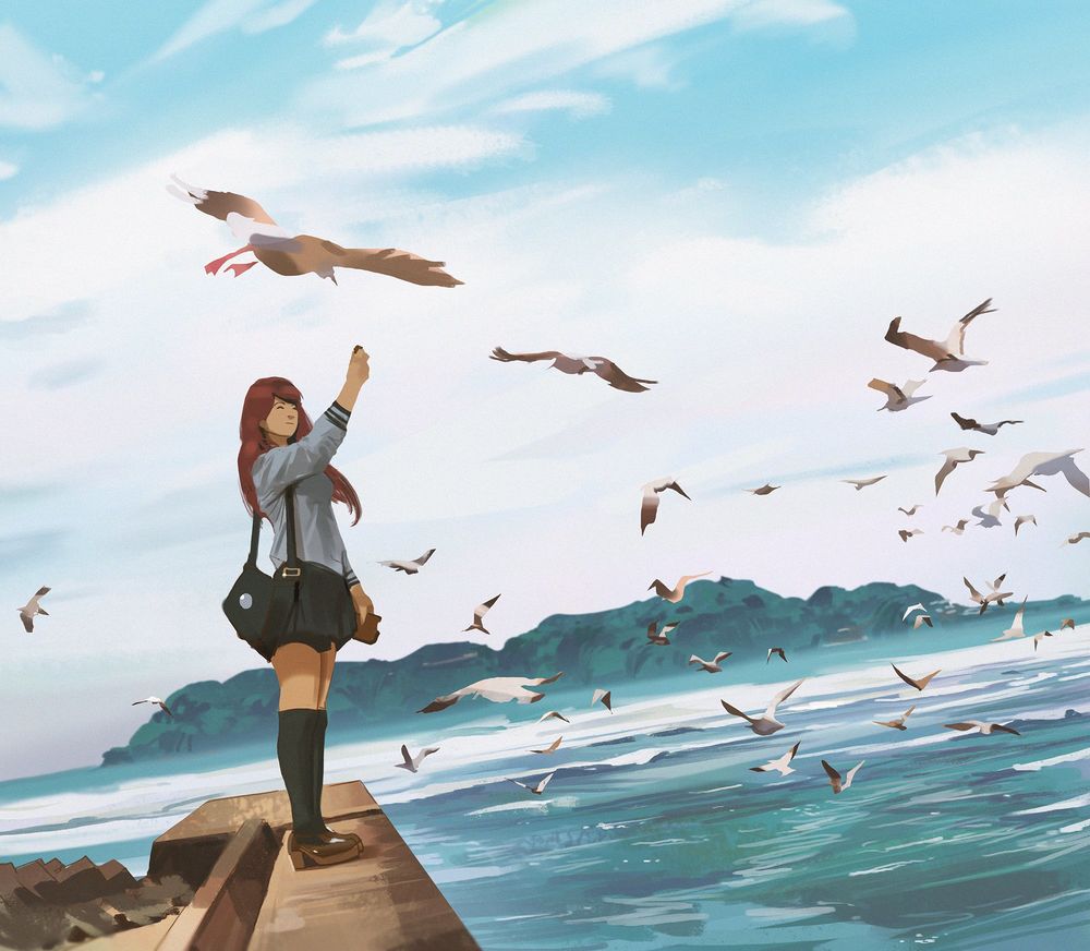 Обои для рабочего стола Девочка стоит у моря, протянув руку с кусочком хлеба к чайкам