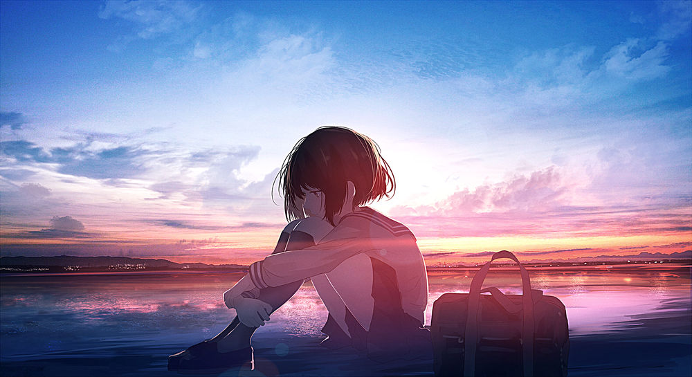 Обои для рабочего стола Девушка в школьной форме грустит, сидя на морском берегу во время заката