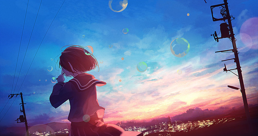 Обои для рабочего стола Девушка в школьной форме пускает мыльные пузыри на фоне города под закатным небом