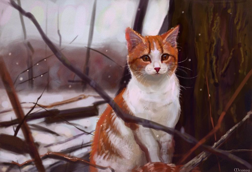 Обои для рабочего стола Кошка сидит около дерева, by Meorow