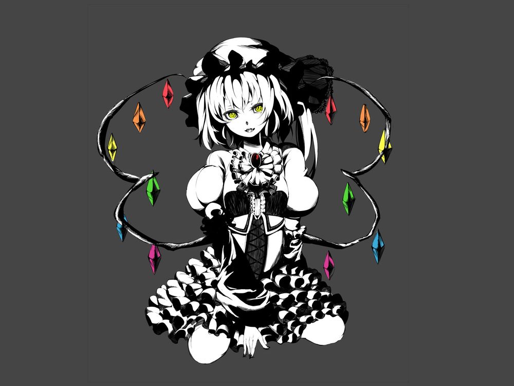 Обои для рабочего стола Flandre Scarlet / Фландре Скарлет сидит на коленях на сером фоне из серии компьютерных игр Touhou Project / Проект «Восток»