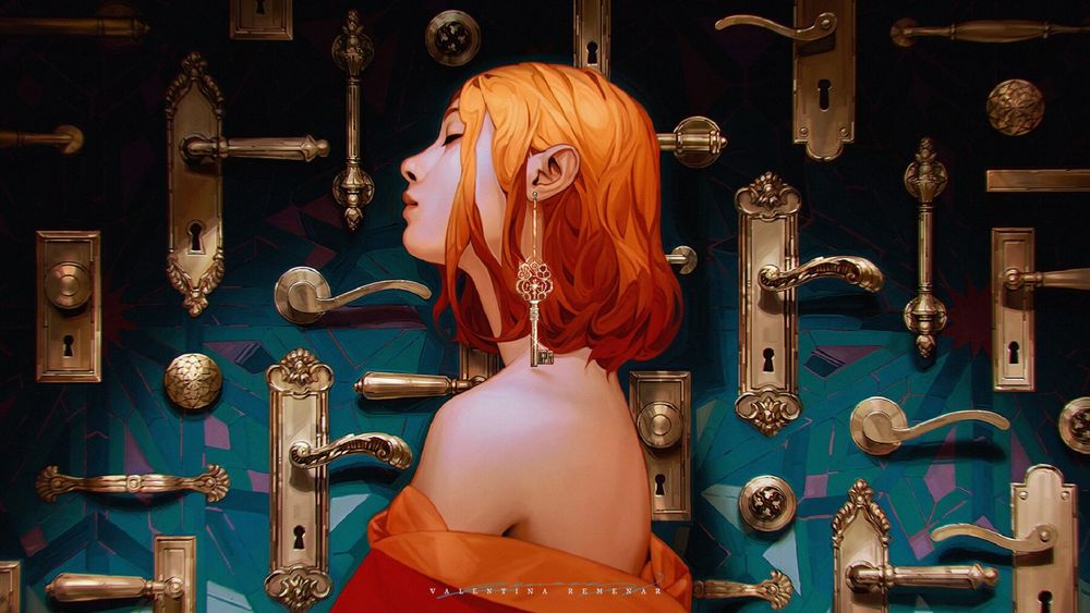 Обои для рабочего стола Девушка в профиль с серьгой в виде ключа, by Valentina Remenar