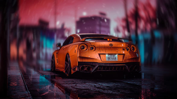 Обои на рабочий стол Авто Nissan GT-R стоит после дождя на городской дороге, из игры Need For Speed