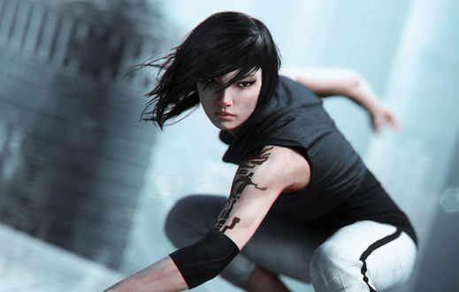 Обои на рабочий стол Девушка с тату на руке в боевой стойке из видеоигры Mirror’s Edge: Catalyst / Зеркальная Грань: Катализатор, by kasumigoto55
