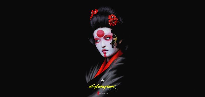 Обои на рабочий стол Geisha / Гейша из игры Cyberpunk 2077, by Tobias Kropp