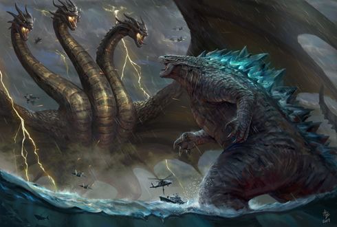 Обои на рабочий стол Битва монстров, арт к фильму Godzilla: King of the Monsters / Годзилла 2: Король монстров, by Juninho Albert