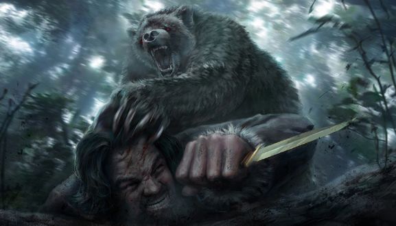 Обои на рабочий стол Нападение разъяренного медведя с красными глазами на охотника с ножом в лесу, by Tan Yu Chi