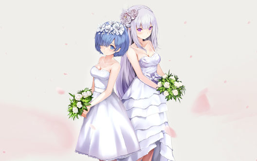 Обои на рабочий стол Emilia / Эмилия и Rem / Рем из аниме Re:Zero kara Hajimeru Isekai Seikatsu / Жизнь с нуля в альтернативном мире