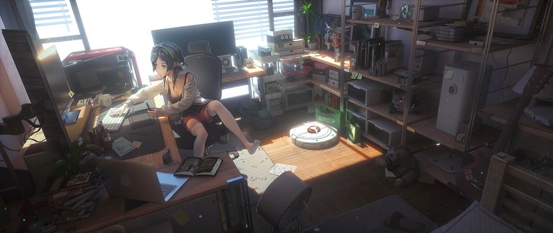 Обои на рабочий стол Девочка сидит за столом за компьютером, by T 5, обои для рабочего стола, скачать обои, обои бесплатно