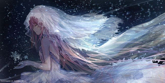 Обои на рабочий стол Madoka Kaname / Мадока Канамэ в свадебном наряде со снежинкой в руках из аниме Mahou Shoujo Madoka Magica / Девочка-волшебница Мадока