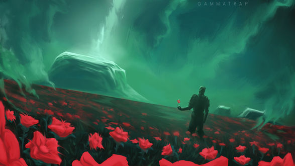 Обои на рабочий стол Воин стоит на цветочном поле, by Brandon McCamey