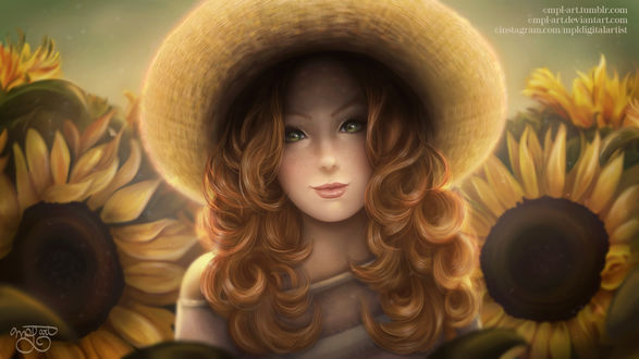 Обои на рабочий стол Рыжеволосая девушка в шляпке среди подсолнухов, by MPL-Art