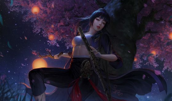 Обои на рабочий стол Девушка-воин стоит ночью у цветущего дерева, by Ina Wong