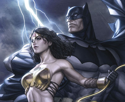 Обои на рабочий стол Wonder Woman / Чудо-Женщина и Batman / Бэтмен из комиксов компании Марвел / Marvel, by Artgerm