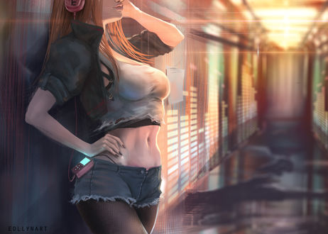 Обои на рабочий стол Рыжеволосая девушка в наушниках под дождем, by eollynart