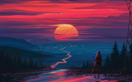 Обои на рабочий стол Девушка любуется закатом, by Alena Aenami