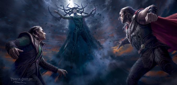 Обои на рабочий стол Hella, Thor and Loki / Хелла, Тор и Локи из фильма Thor: Ragnarok / Тор: Рагнарек, by Andy Park