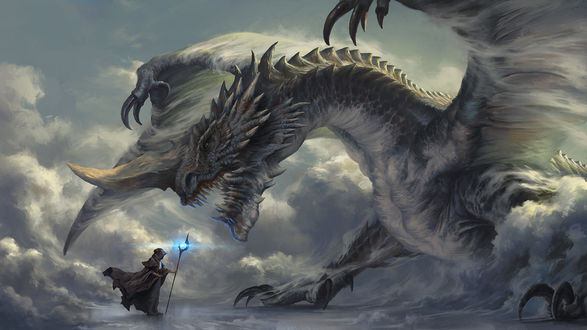 Обои на рабочий стол Маг стоит перед драконом, by Carter adair