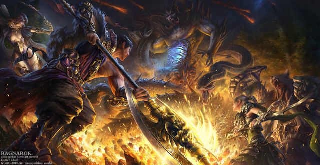 Обои на рабочий стол Битва героев игры Ragnarok с демоном, by Carter adair