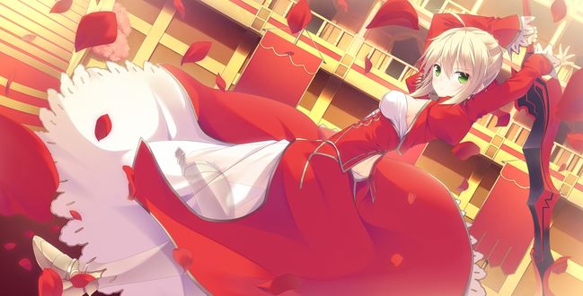 Обои на рабочий стол Saber / Сабер в красном с мечом из аниме Fate / stay night / Судьба: Ночь Прибытия