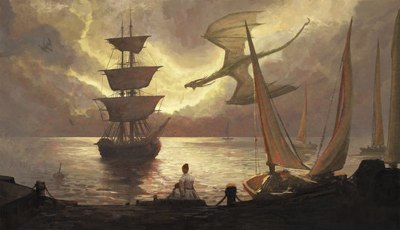 Обои на рабочий стол Девушка в белом сидит в Dragon Harbor / Гавани Дракона, by Yuliya Zabelina