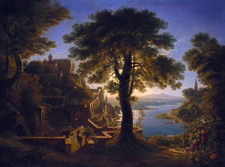 Обои на рабочий стол Замок на берегу реки, by Karl Friedrich Schinkel