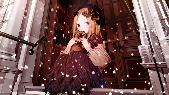 Обои на рабочий стол Abigail Williams сидит на пороге дома зимой из аниме Fate / Grand Order / Судьба / Великий приказ