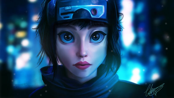 Обои на рабочий стол Motoko Kusanagi / Мотоко Кусанаги из фильма Ghost in the Shell / Призрак в доспехах, by Charlotte Lebreton