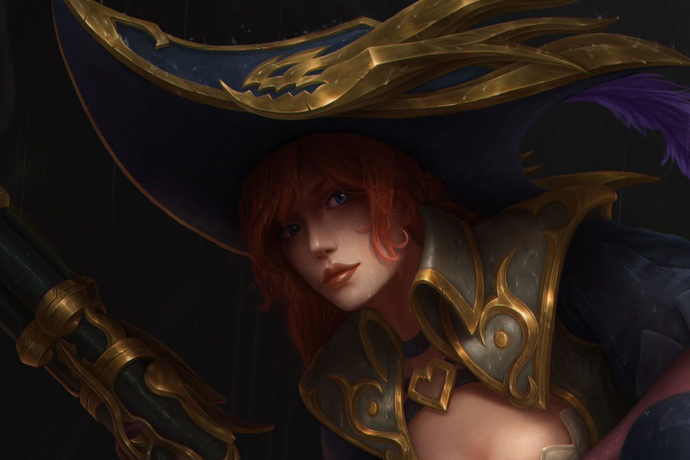 Обои для рабочего стола Miss Fortune / Мисс Фортуна, арт к игре League of Legends / Лига Легенд, by Junhong Lin