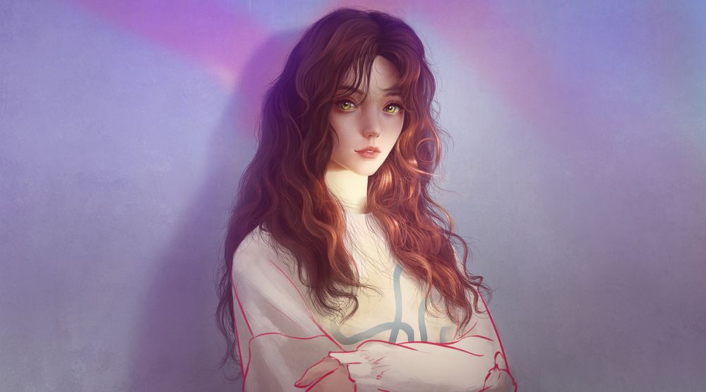 Обои для рабочего стола Портрет шатенки на светлом фоне, by Junhong Lin