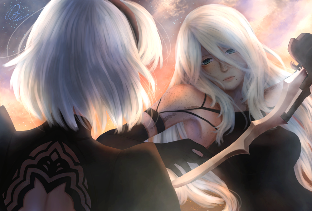 Обои для рабочего стола YoRHa №2 тип A и YoRHa №2 тип B из игры NieR: Automata, by OrinNyan