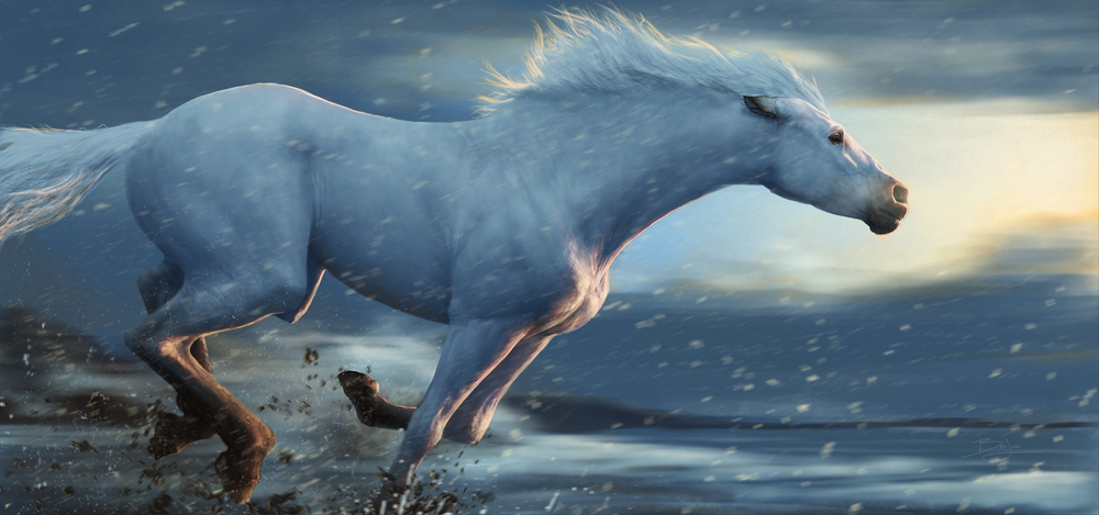 Обои для рабочего стола Несущийся белый жеребец под падающим снегом, by paintsharpener