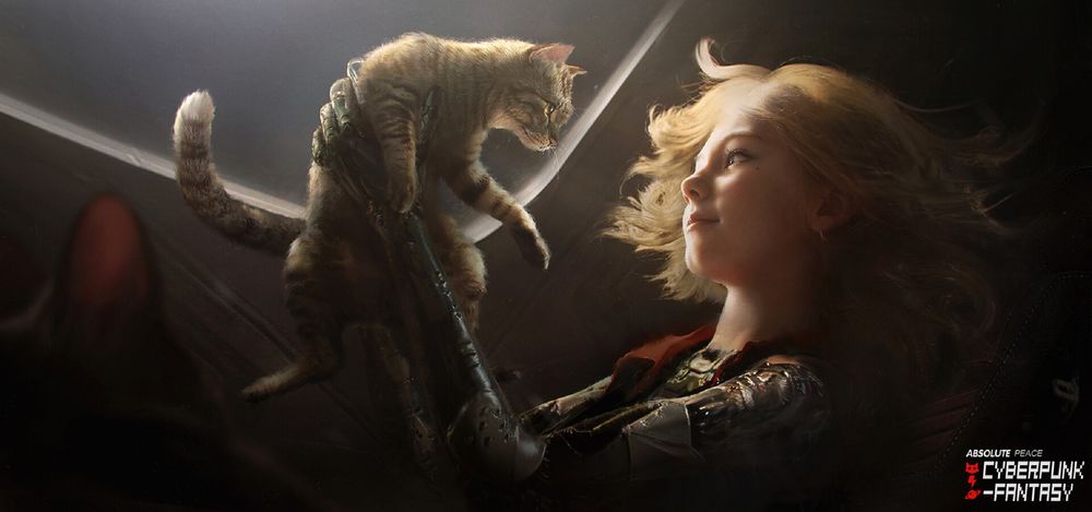 Обои для рабочего стола Девушка-киберпанк с кошкой в руках, by tian zi