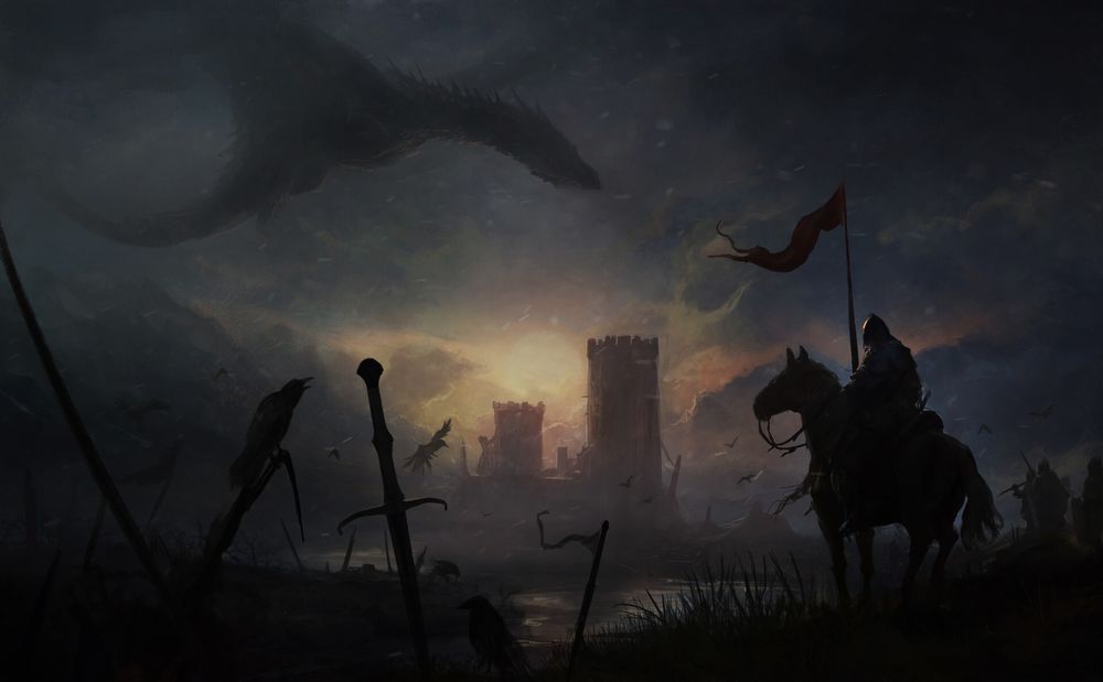 Обои для рабочего стола Воин сидит на коне на поле битвы среди воронов, с видом на старинный замок и летящего дракона в вечернем небе, by RaymondMinnaar