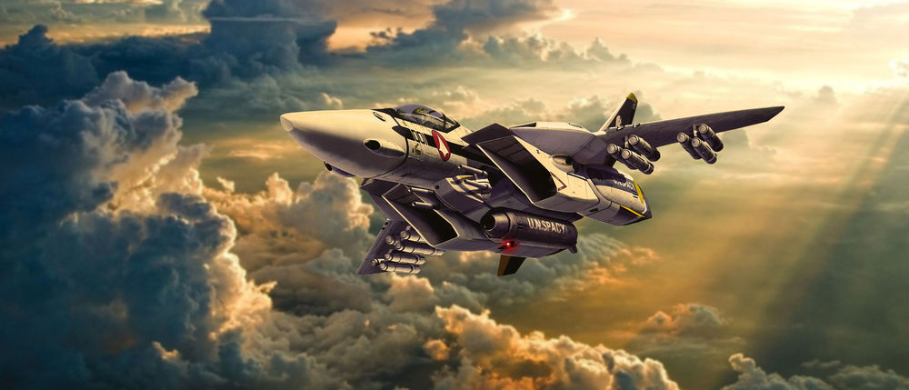 Обои для рабочего стола Футуристический военный самолет с подвешенным вооружением в небе на фоне красиво подсвеченных Солнцем облаков