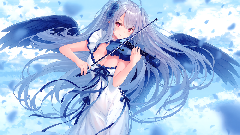 Обои для рабочего стола Девочка с длинными голубыми волосами с крыльями за спиной играет на скрипке