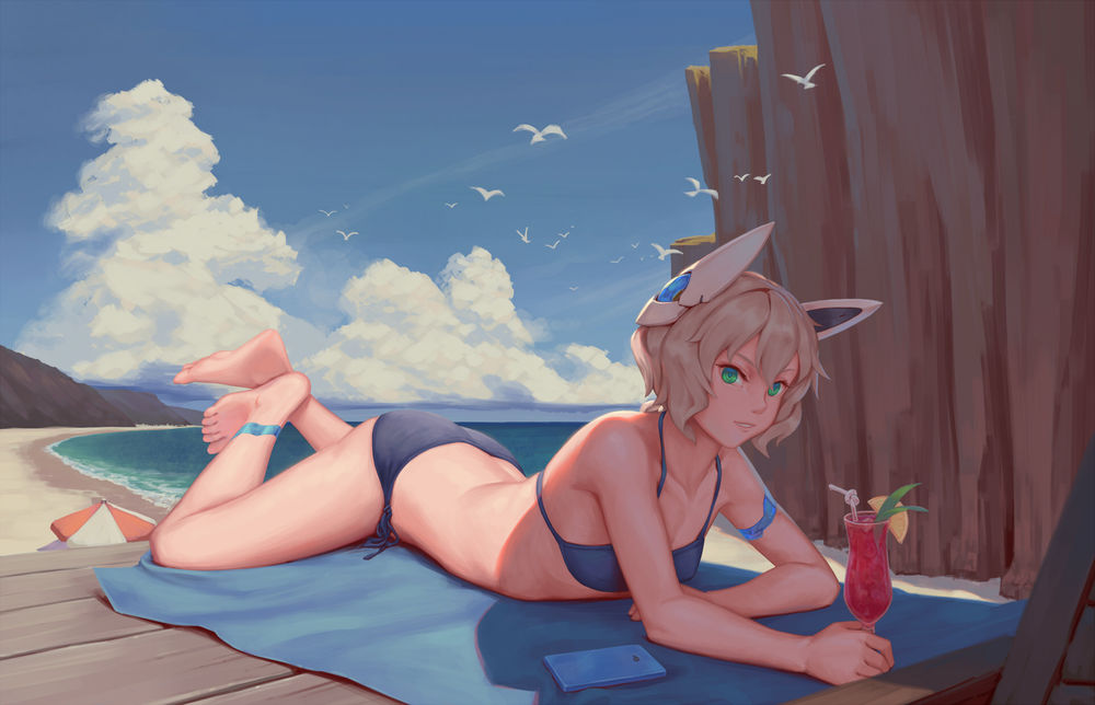 Обои для рабочего стола Девушка в купальнике на фоне неба и моря, by bigrbear