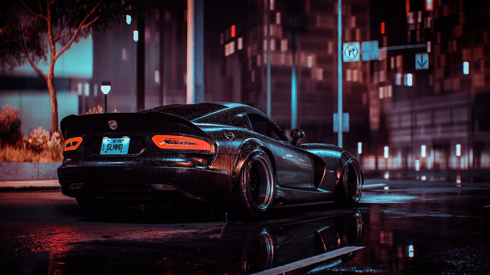 Обои для рабочего стола Черный Dodge Viper мокрый от дождя на улице ночного города