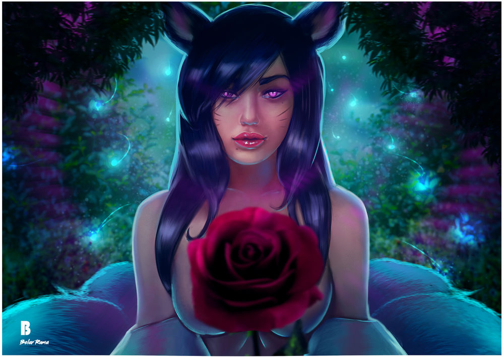 Обои для рабочего стола Девушка Ahri с розой, by RamaBelar