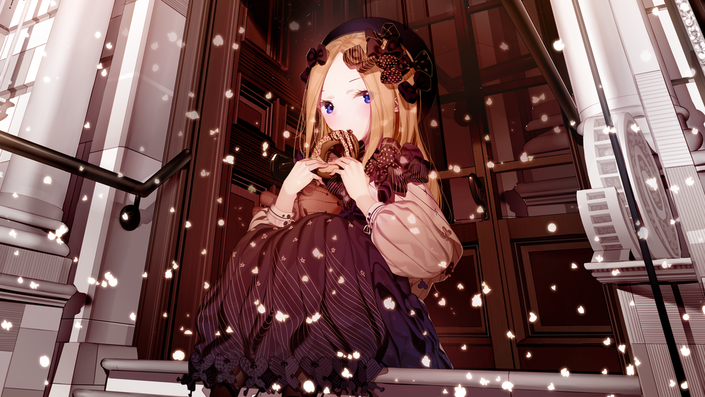 Обои для рабочего стола Abigail Williams сидит на пороге дома зимой из аниме Fate / Grand Order / Судьба / Великий приказ