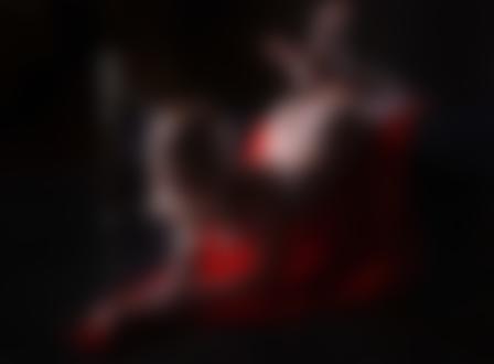 Обои для рабочего стола Обнаженная модель Любовь Речитская стоит на локтях на красном покрывале на полу комнаты, свесившись с кровати, фотограф Евгений Решетов