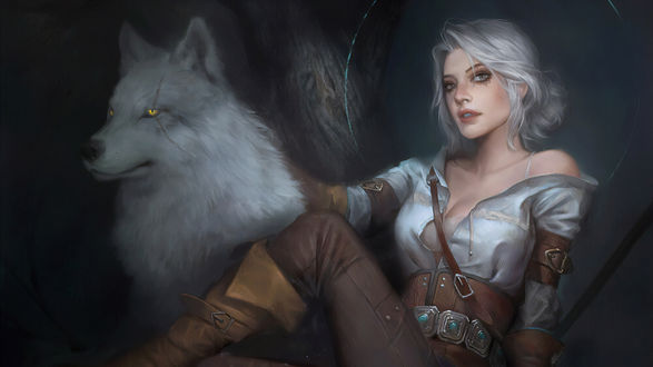 Обои на рабочий стол Ciri / Цирилла рядом с волком из игры The Witcher / Ведьмак, by Raypier P
