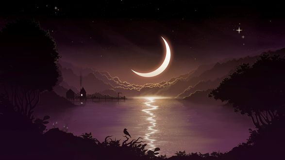 Обои на рабочий стол Месяц на ночном небе над озером, робота под названием «Two Tears and a Moon» автор Fredrik Persson