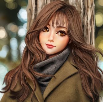 Обои на рабочий стол Портрет девушки в пальто, стоящей у дерева, by Lemon Cat