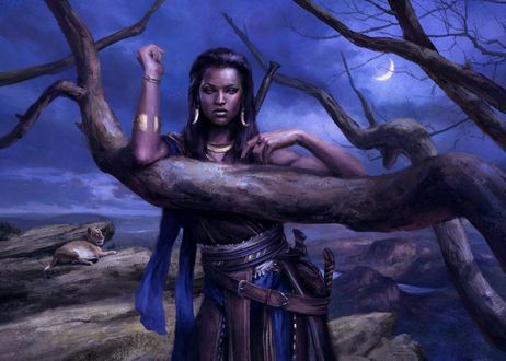 Обои на рабочий стол Девушка-Huntress / Охотница стоит, облокотившись на ветвь сухого дерева, а неподалеку лежит львица под вечерним небом с месяцем, by Gal Or